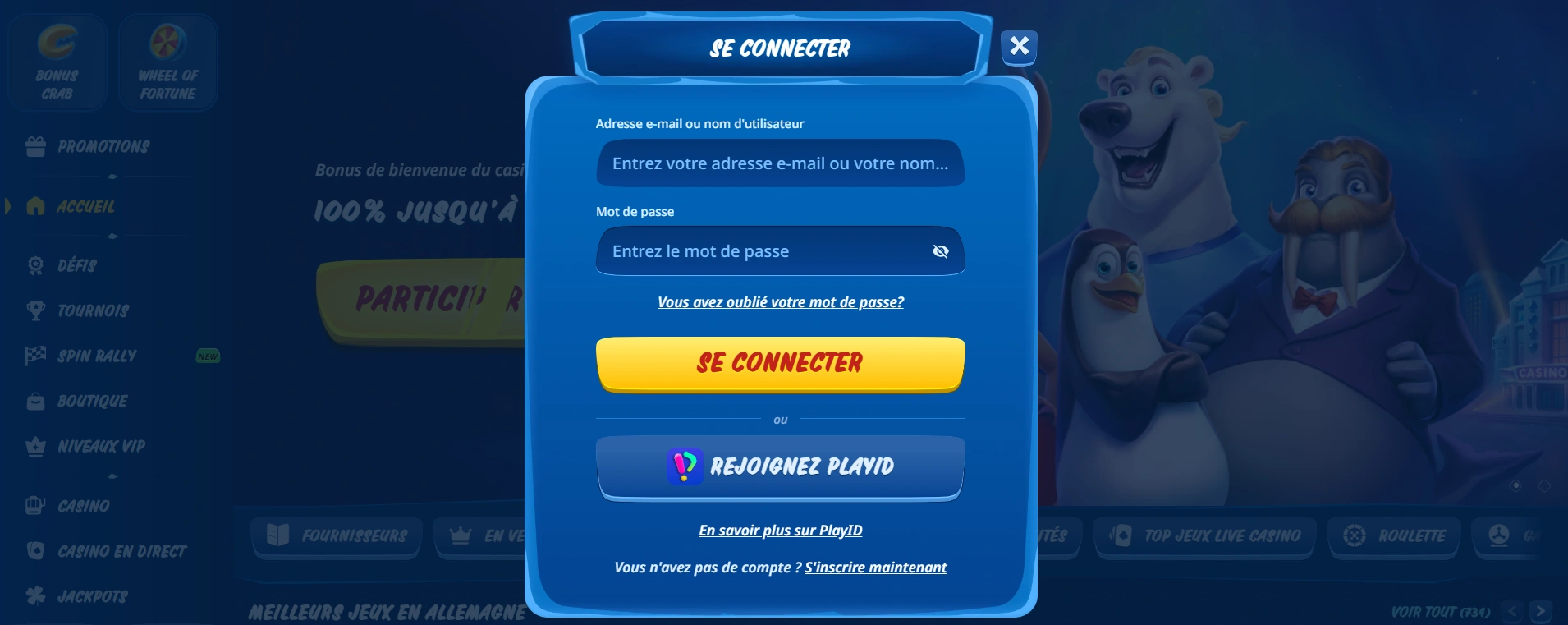 Interface de connexion SG Casino